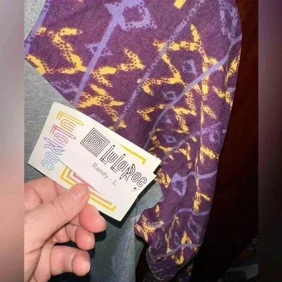 Lularoe large grey Randy baseball‎ T. Purple & yellow aztec sleeve, grey body. - Picture 3 of 7